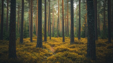 Obraz premium A forest of tall pine trees, their trunks rising straight and tall, with the forest floor covered in needles.