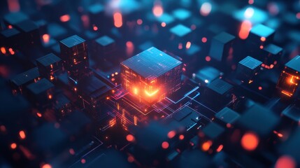 Abstract Futuristic Technology Background with Illuminated Cubes and Glowing Lines.