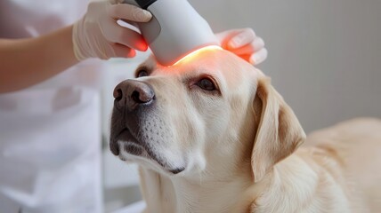 A dog receiving laser therapy treatment, soft light, warm-toned clinic environment, calm and peaceful atmosphere, pet rehabilitation, healing touch