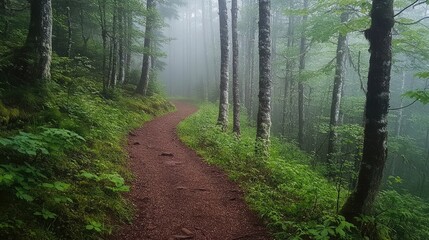 Obraz premium A forest trail disappearing into the mist, with only the closest trees and undergrowth visible, creating a sense of mystery.