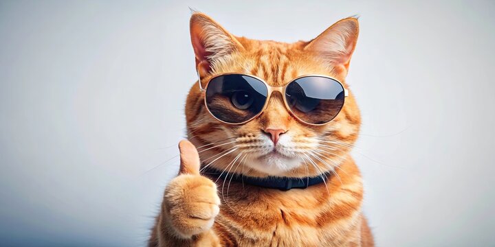 Cool and confident ginger cat with sunglasses giving a thumbs up