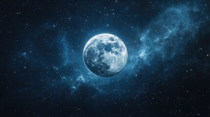 Obraz premium A full moon floating in the vast expanse of space, with a nebula and distant stars in the background, providing a cosmic scene with clear space for copy.