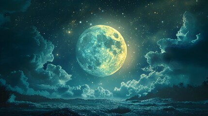 Enchanting Starry Night Sky with Full Luminous Moon Celestial Cosmic Ambiance