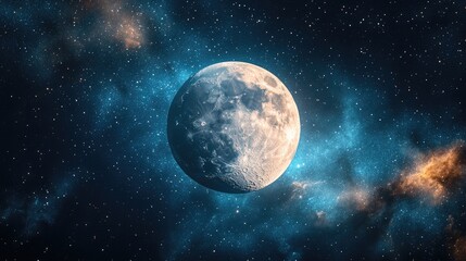 Fototapeta premium A full moon floating in the vast expanse of space, with a nebula and distant stars in the background, providing a cosmic scene with clear space for copy.
