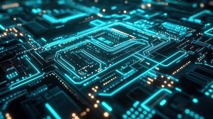 Fototapeta premium Abstract Futuristic Technology Circuit Board with Glowing Blue Lines and Lights.
