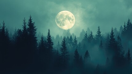 Naklejka premium A full moon rising over a forest silhouette, illuminating the night with a soft, ethereal light. The scene offers clear space for text.
