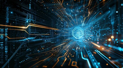 Fototapeta premium Digital Background Ideal for Tech Processes, Neural Networks, Artificial Intelligence, Data Transfer and Encryption, Digital Archives, Sound and Graphic Presentations, Science, and Education