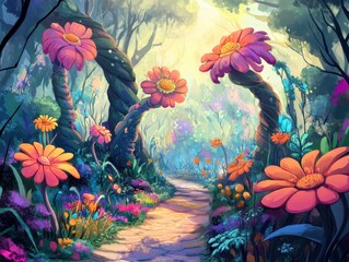 Magical Forest Path with Colorful Flowers and Sunlight  Illustration.