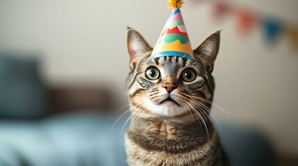 A funny cat wearing a birthday hat, looking surprised. Plenty of copy space for a humorous birthday message.