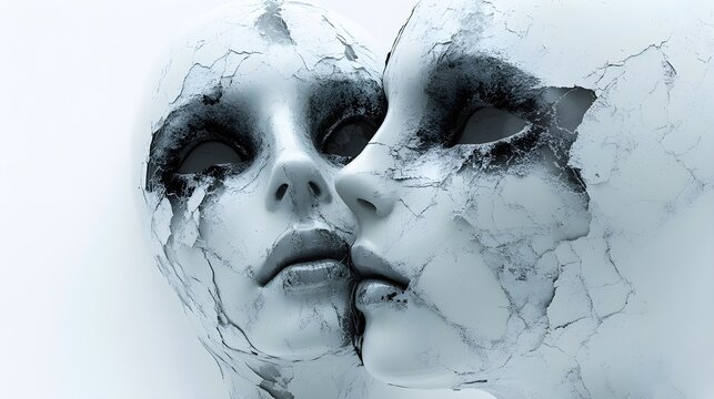 Broken mirror with cursed reflections of Halloween masks, surreal horror concept, dark and haunting style, isolated on white background
