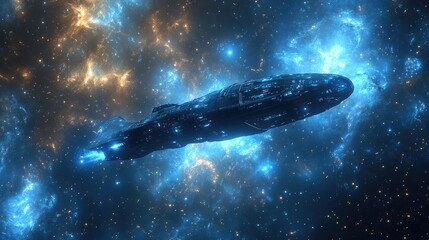 A futuristic spaceship soaring through the galaxy with vivid stars and nebulae in the background. Ample space for text.