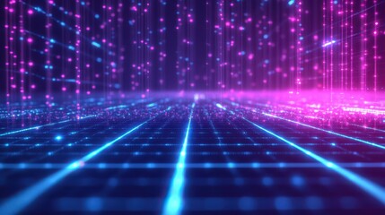 Abstract Blue and Pink Neon Lights with Glowing Particles, Futuristic Background, Digital Art