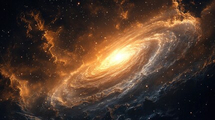 Obraz premium A galaxy viewed from afar, with swirling clouds of gas and stars, creating a sense of scale and wonder with clear space for text.