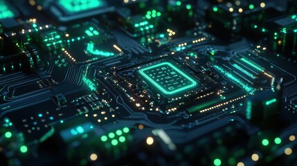 Fototapeta premium Futuristic Circuit Board with Glowing Green Lines and CPU Closeup - Abstract Technology Background