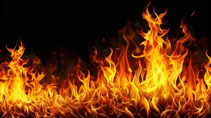 Fototapeta premium Vibrant fire burning in dark with orange and yellow flames, black background and border