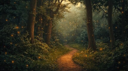 Obraz premium Enchanted Forest Path with Fireflies at Dusk - Magical Nature Scene.