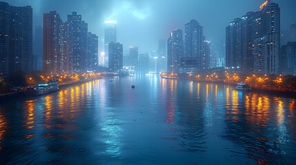 Fototapeta premium Illuminated Vibrant City Skyline Reflecting on Waterway at Nighttime with Bustling Urban Landscape