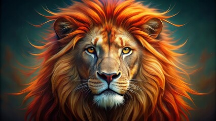Fototapeta premium An artistic interpretation of a lion's head with a vibrant red mane and piercing orange eyes