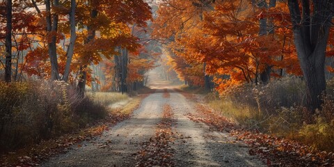 Maple grove in the fall with a gravel road crossing