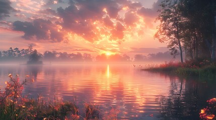 Naklejka premium Dreamy Pastel-Colored Sunset Over Calm Serene Lake with Peaceful Reflection