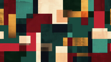 Abstract retro geometric pattern with squares and rectangles in red, green, gold, burgundy and dark blue on a textured paper background