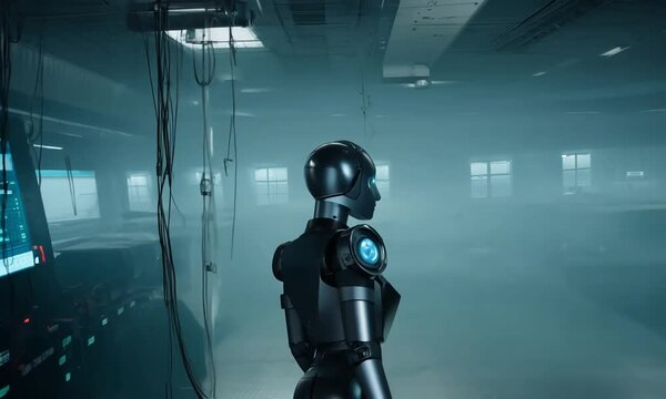 Female AI robot talks, looks at camera. Realistic 3D computer generated humanoid cyborg in futuristic metaverse cyberspace. Innovative future technology with artificial intelligence. Chatbot program