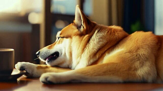 Cute dog shiba inu sleepy relaxed with coffee in the morning.