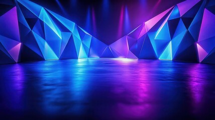 Abstract geometric light patterns, cool blue and purple tones, modern and stylish stage design
