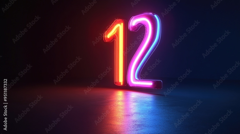 Fototapete a glowing 3d number in neon, partially illuminated with a soft light gradient, set against a dark ba