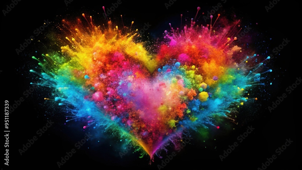 Wall mural Abstract colorful heart shape explosion on black background , Love, vibrant, explosion, abstract, Valentine's Day