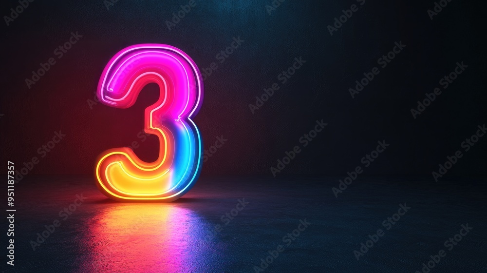 Fototapete a glowing 3d number in neon, partially illuminated with a soft light gradient, set against a dark ba