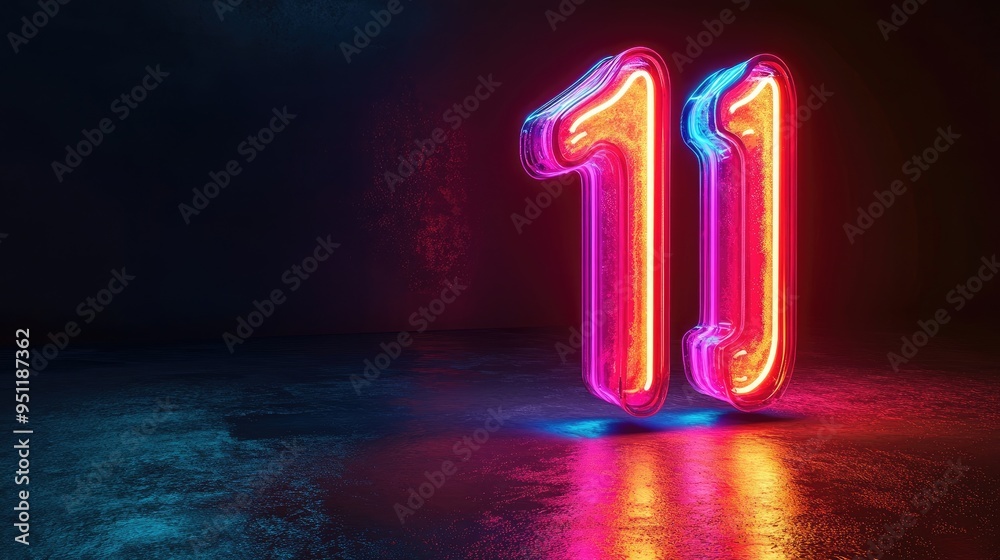 Fototapete A glowing 3D number in neon, partially illuminated with a soft light gradient, set against a dark backdrop with ample copy space for attention grabbing designs.