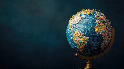 A globe with travel stickers and pins highlighting various destinations, showcasing the thrill of international travel. Plenty of copy space.