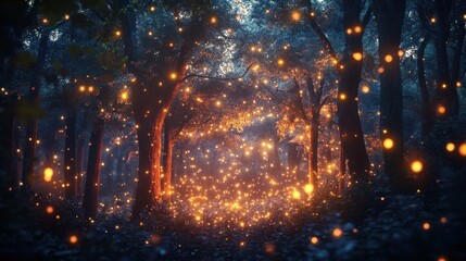 Naklejka premium Enchanted Forest with Glowing Lights at Night - Magical Fantasy Background.