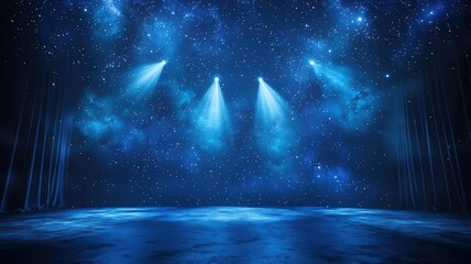 Obraz premium Stage lights in the shape of celestial bodies, starry night backdrop, cool blue tones, serene and mystical mood