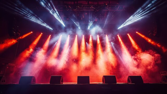 Concert stage with intense spotlights, light flares and smoke effects, high-energy rock concert vibe, vivid contrasts