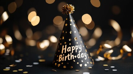 A gold party hat and "Happy Birthday" text with confetti on a black background. Copy space for text.