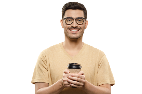 Young man in beige t-shirt and eyeglasses standing with takeaway coffee to go cup in hands, ready to enjoy his break from work