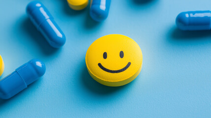 Yellow pill with smiley face and blue pills on blue background. Depression treatment concept
