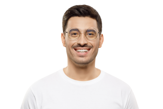 Young handsome smiling man dressed in white casual t-shirt and wearing glasses, feeling confident at work