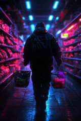 Obraz premium A figure walks through a vibrant grocery aisle, holding two shopping baskets. The neon lights reflect off the wet floor, creating a moody and atmospheric shopping experience.