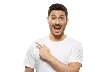 Young handsome man wearing white t-shirt pointing left with excited shocked face