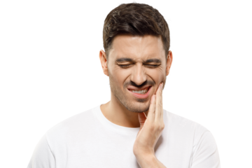 Young man pressing fingers to his jaw, trying to overcome severe toothache, eyes closed