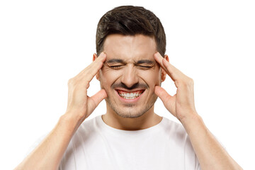 Naklejka premium Young man experiencing severe headache, pressing fingers to temples, keeping eyes closed trying to ease pain, feeling sick and troubled