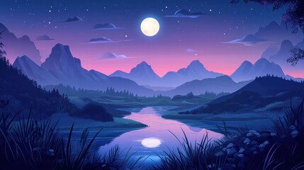 Fototapeta premium Serene Nighttime Landscape with Moonlit River and Mountains - Digital Painting Illustration.