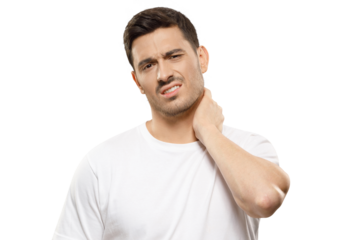 Young handsome man in white t-shirt, touching his neck because it hurts after long working hours, feeling exhausted and worried
