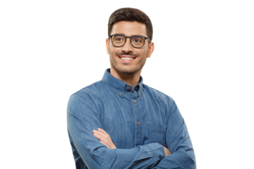 Portrait of young handsome smiling man dressed in shirt and glasses, standing with arms crossed, looking away