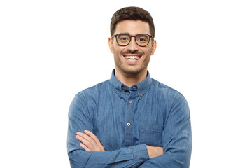 Young businessman in blue shirt and glasses, holding arms crossed, laughing happily at joke of...