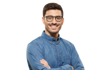 Young handsome businessman wearing blue shirt and glasses, holding arms crossed, smiling and feeling confident