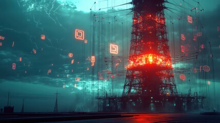 Obraz premium Futuristic Tower With Neon Lights and Digital Data in a Dark Sky